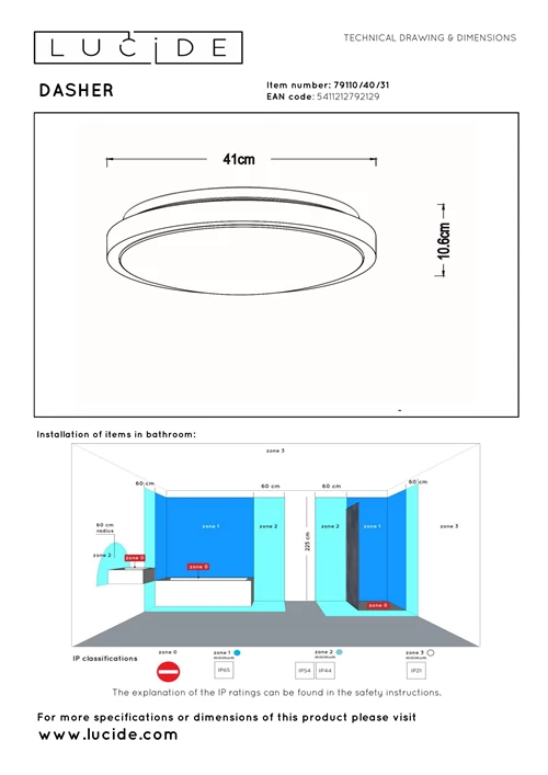 Lucide DASHER - Plafonnière Badkamer - Ø 41 cm - LED - 1x24W 2700K - IP44 - Bewegingssensor - Wit - technisch